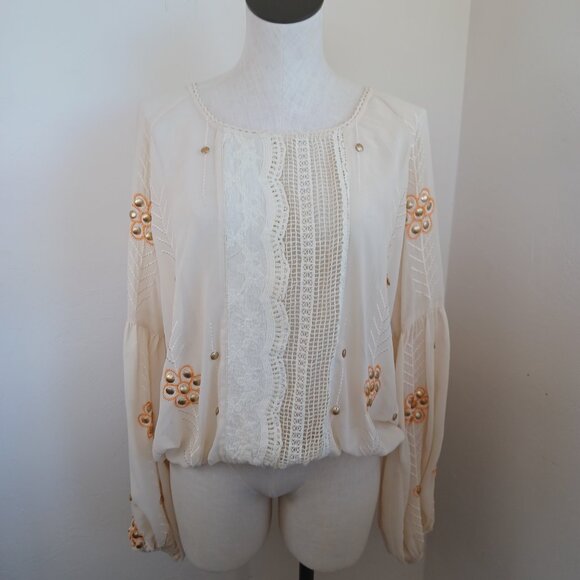 The Wallflower Boho Blouse Embroidered Lace Cream Orange Womens Large - Picture 12 of 12